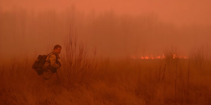 Man with Backpack Walking in Smoky Field Wildfire Burning in Background photo