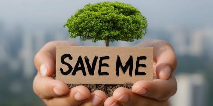 Hands Holding Small Tree with Save Me Sign Environmental Conservation photo