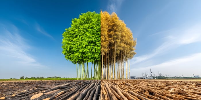 Lush Green Trees versus Dried Trees Deforestation Environmental Concept photo