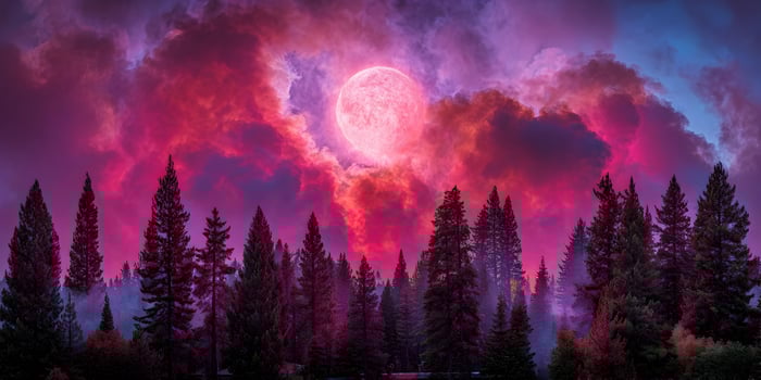 Pink Full Moon Night Sky over Silhouetted Pine Forest Trees photo
