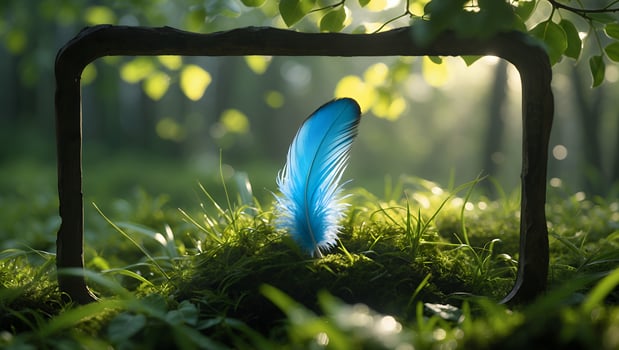 Blue Feather Resting on Moss in a Forest Natural Frame photo