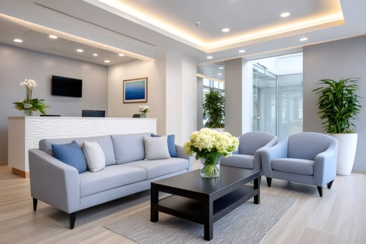 Modern waiting room with comfortable seating and reception desk featuring elegant design photo