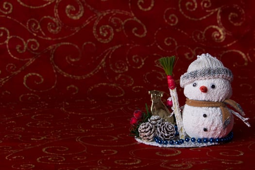 Toy snowman on bokeh background. New Year card. Christmas tree toy. Decoration for the holiday. photo