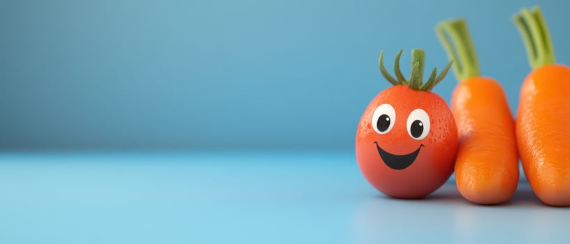 Happy tomato and carrots on colorful background photo