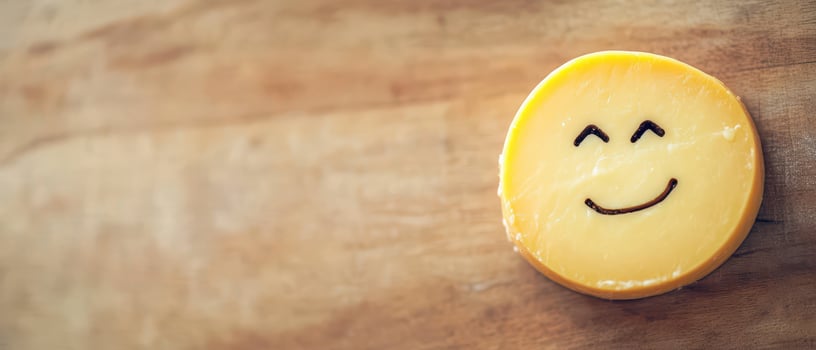 Smiling cheese on wooden table captures joy photo