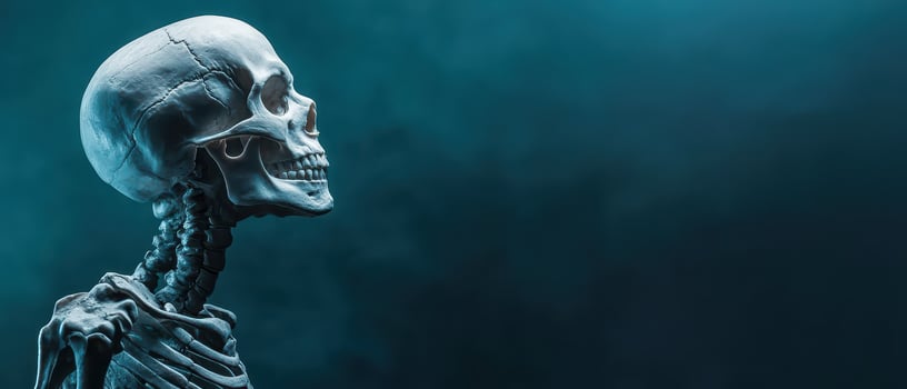 Skeleton model displayed against a blue backdrop photo