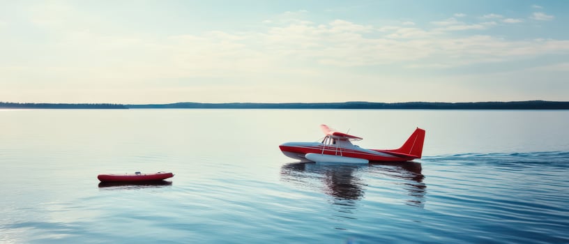 Seaplane gliding over calm waters at sunset photo