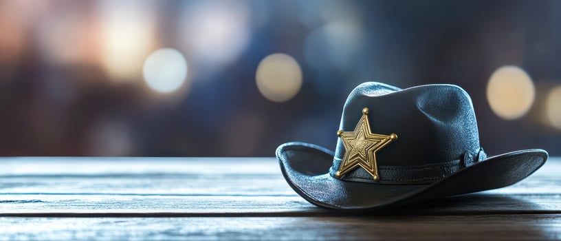 Western style sheriff hat on wooden table photo