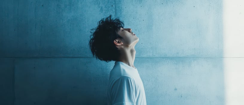 Young man looking up in a minimalistic space photo