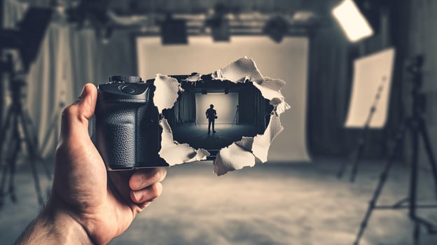 Photographer Emotionally Holding a Torn Contract in a Bare Studio photo