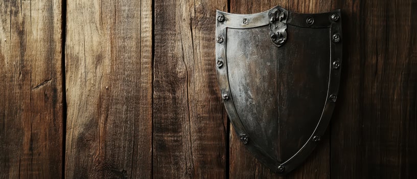 Vintage metal shield displayed on wooden wall photo