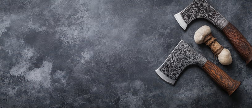 Unique decorative axes on gray stone photo