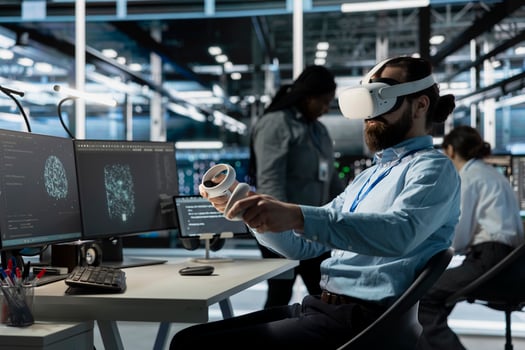 Software developer using VR headset tech to oversee server cabinets doing data intensive operations. IT specialist using virtual reality equipment to supervise supercomputers photo