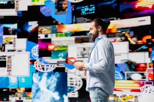 Young influencer connecting on a social network in the digital world, global social media audience. Man investing in tools for storytelling and branding to build influence and engagement. photo