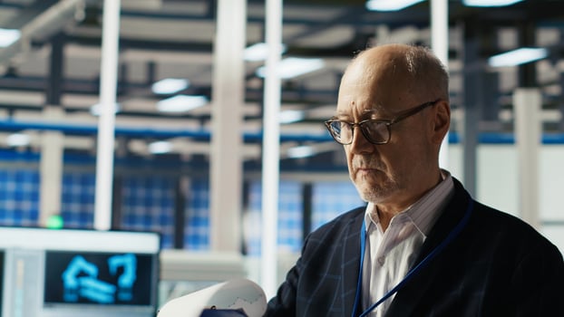 Portrait of industrial plant shareholder conducting research on potential investment opportunities. Cheerful factory investor visiting facility for market analysis, identifying trends, camera B photo