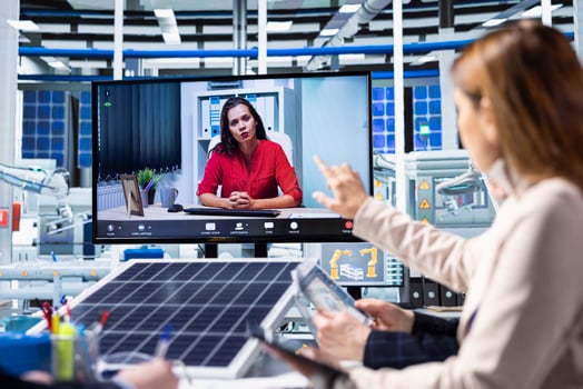 Investors investing in factory analyze revenue streams during online videocall meeting. Businesswomen in industrial plant do remote videoconference to forecast returns, factoring in growth scenarios photo