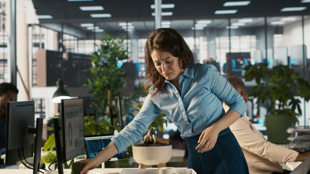 Upset worker in office packing desk plants on last day at work after quitting, saying goodbye to colleague. Employee getting fired from job during layoffs, camera A photo