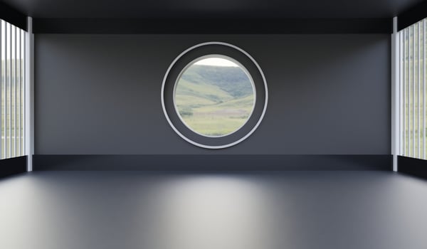 Room with natural background, through a circular glass, square room, beautiful view, 3D illustration photo