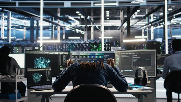 Data center admin raging because of malfunctioning node tree software analyzing datasets. Irascible server hub worker exasperated by visual programming tools not improving performance, camera A photo
