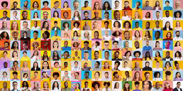 A vibrant collage showcases diverse individuals from different backgrounds sharing their unique expressions. photo