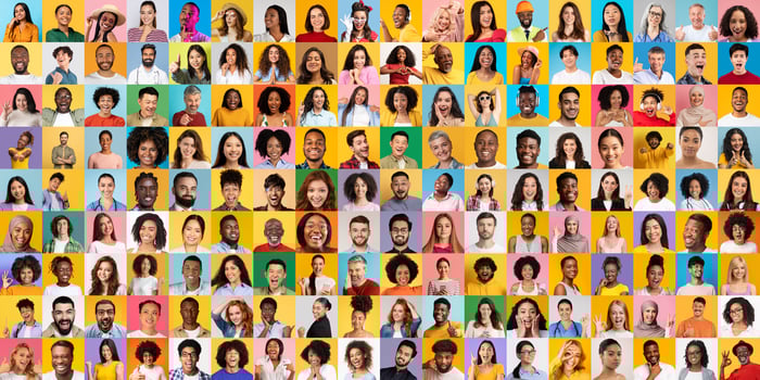 A vibrant collage displays diverse faces of people representing various lifestyles, conveying unity and strength in diversity. Each portrait reflects individuality and connection. photo