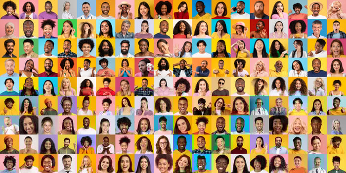 This lively collection showcases a multitude of diverse individuals, each with unique expressions, united in a celebration of diversity. The bright backgrounds enhance their joyful presence. photo