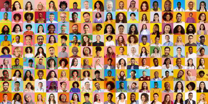 A vibrant collection of diverse faces representing various lifestyles, portraits on colorful backgrounds photo