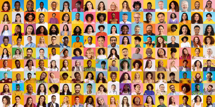 A vibrant collage of diverse, multiracial individuals, each displaying unique expressions and styles. This collection reflects global lifestyles and the beauty of togetherness. photo
