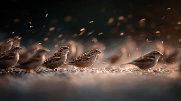 A group of sparrows actively seeks out seeds lying on soil surface photo