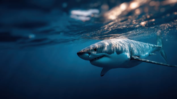 A formidable great white shark cruising calmly near the top photo