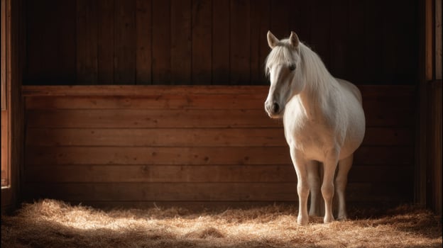 A majestic white horse posed calmly within its sunny stable home photo