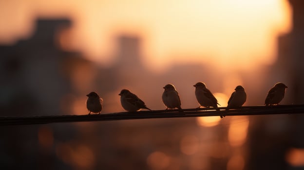 A row of sparrows outlined against the vibrant colors of dusk photo