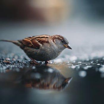 A small avian drinks water from reflective rain puddle on ground photo
