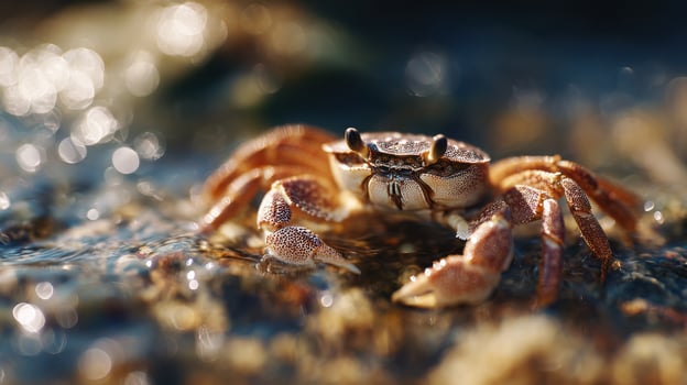An interested crab wanders through a warm shoreline tide pool photo