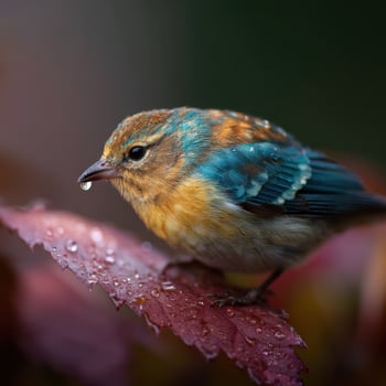 Tiny avian creature finds hydration on a wet verdant leaf photo