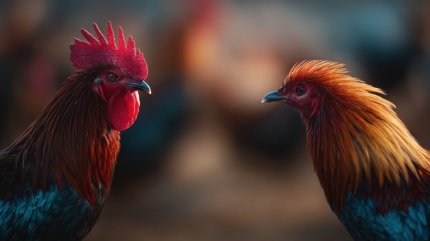 Two vivid roosters posture and interact in a playful confrontation photo
