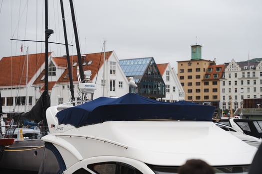 Bergen, Norway - July 10, 2024. Seagull standing on top of a white yacht docked in the city harbor photo