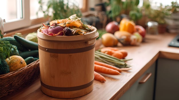 Sustainable kitchen composting with a wooden bin surrounded by fresh vegetables and food scraps photo