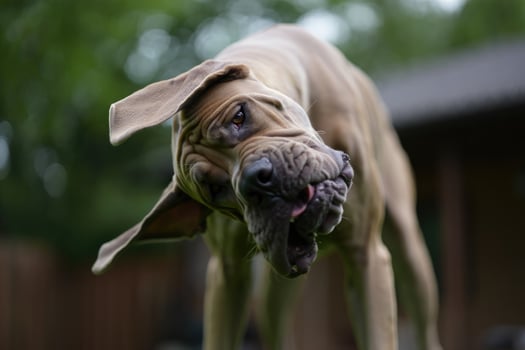 A great dane with a funny expression, showing its tongue in a close up shot. photo