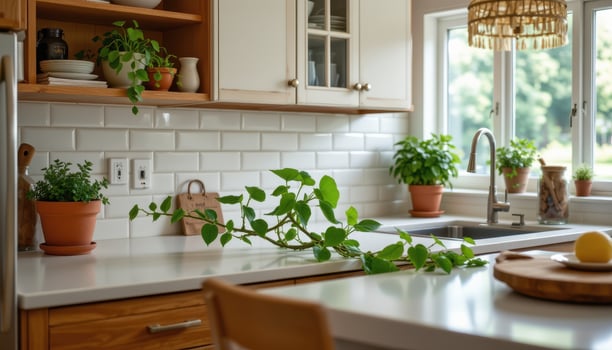 a pothos trailing across kitchen cabinets. photo