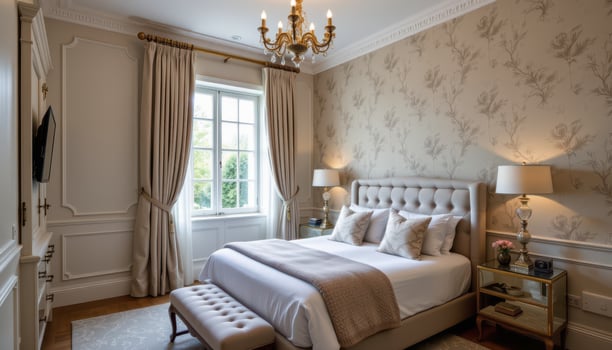 a bedroom with soft, neutral wallpaper and a tufted bed. photo