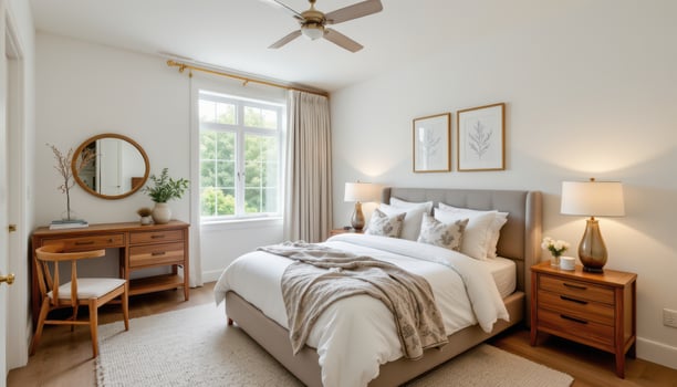 a neutral bedroom with linen bedding and wood accents. photo