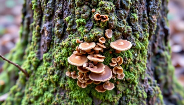 a tree stump covered in moss and fungi. photo