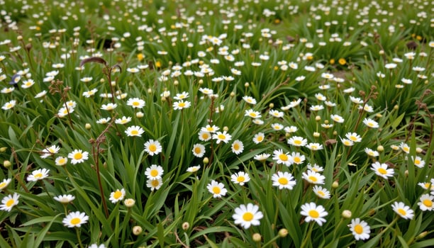 a quiet meadow with scattered wild daisies. photo