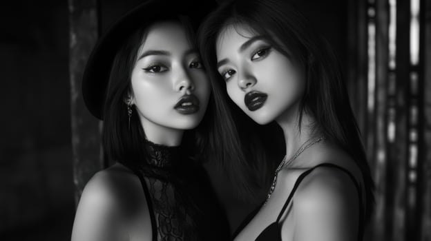 Two women with black lips posing for the camera photo