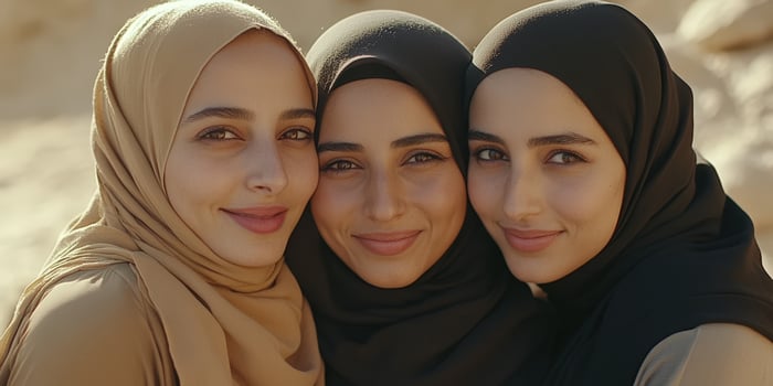 Three women wearing hijab pose for a photo. photo