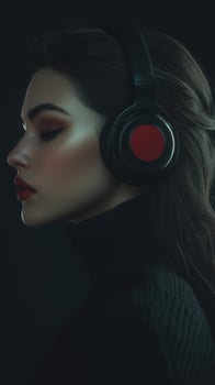 A young woman with headphones on her head photo