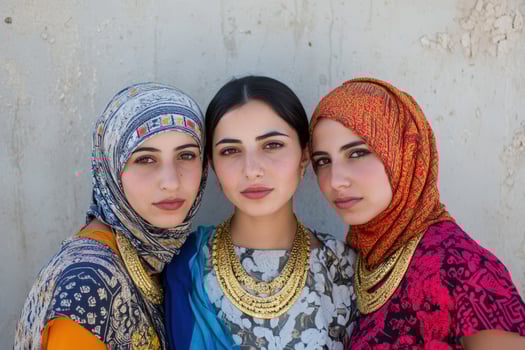 Three women wearing headscarves and jewelry photo