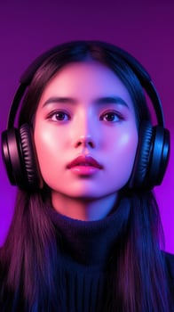 A woman wearing headphones in front of a purple background photo