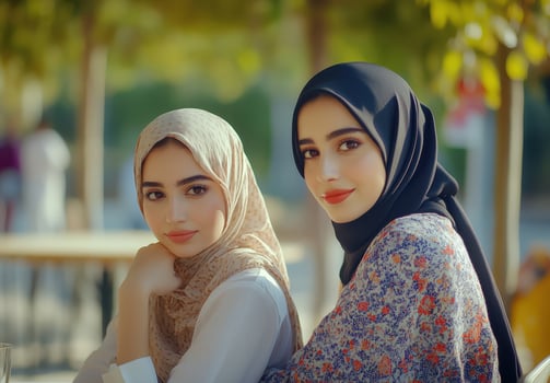 Two women wearing hijab sitting together photo